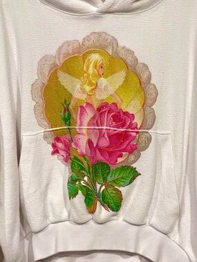 Boys Lie White Cropped Hoodie with Pink Rose and Yellow Angel Graphic